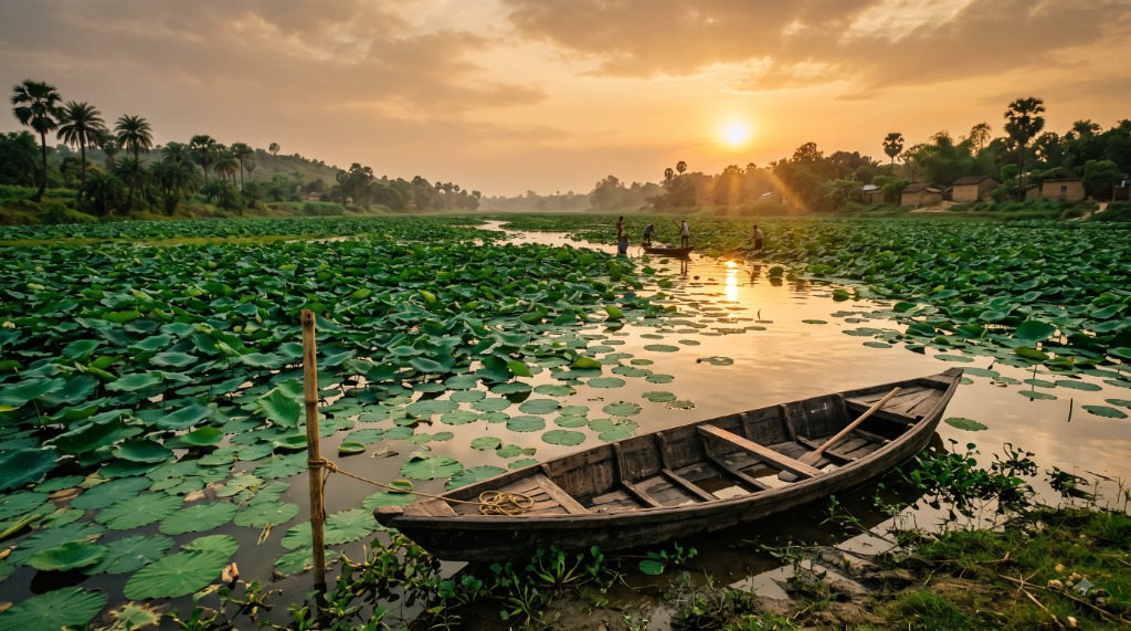 Lotus pond at golden hour in rural India.
