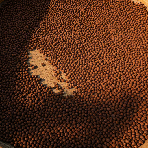Fox nuts drying on a mat in the sun.
